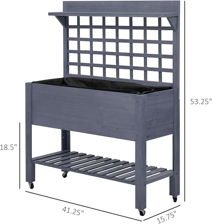 41 Raised Garden Bed with Trellis Tiered Wooden Planter Box on Wheels for Flowers Herbs &amp Vegetables Gray
