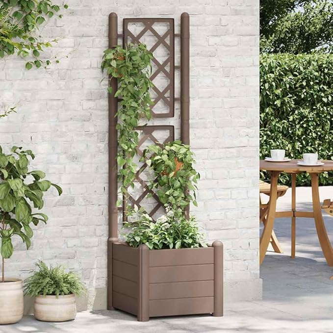 Large Garden Planter with Trellis Mocha Polypropylene Square Raised Bed for Outdoor Plants 16.9x16.9x55.9 Inch Durable Matte Finish