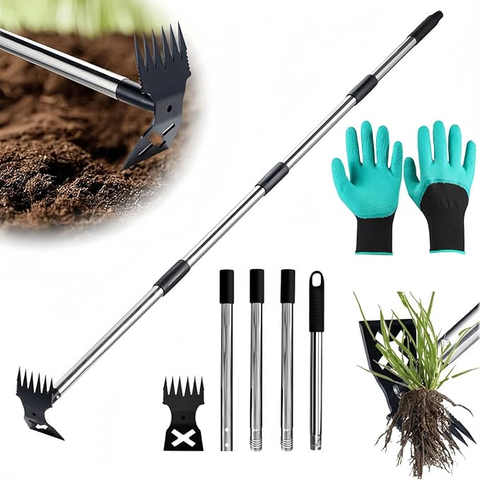 Weed Puller Tool with Extendable 54 Handle – Heavy Duty 2-in-1 Dual-Head Manual Weeder &amp Garden Hoe for Lawn Flower Beds Patio &amp Vegetable Gardens