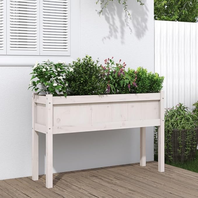 Garden Planter - White Solid Pine Wood - Patio Bed Raised - Versatile Wooden Cage - Decorative Fencing for Plants &amp Herbs - 41.3 in Wide