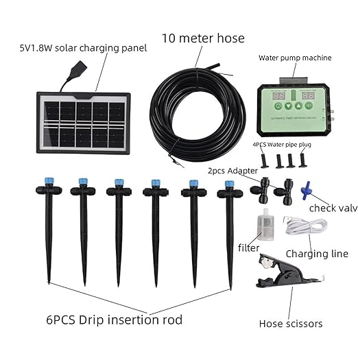 Fockety Drip Irrigation System Solar Automatic Drip Irrigation Kit with Timer Rainwater Collector and Adjustable Nozzle Automatic Watering System for Plants Indoor Outdoor (Black)