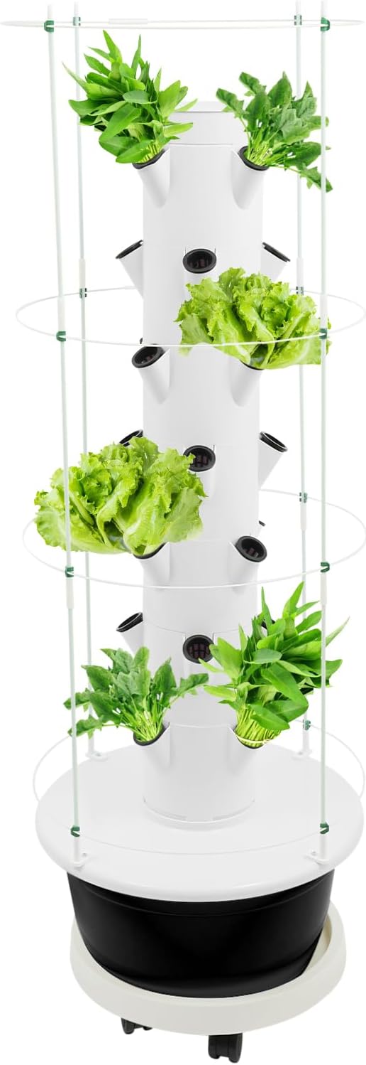 Hydroponic Growing System Kit Vertical Hydroponic Tower with Climbing Trellis Indoor &amp Outdoor Herb Garden Vegetable Tower with 28 Planting Pods for TomatoesStrawberries (White and Black)