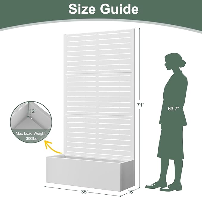 Metal Planter Box with Trellis for Patio 35 L×16 W×71 H Raised Garden Bed with Trellis Privacy Screen Planter Box for Climbing Plants Outdoor (White Blinds)