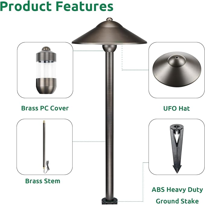 DOSHINE® Solid Brass Low Voltage Landscape Lighting Pathway Lights (9 Shade 22 Tall) with Replaceable 3W G4 LED Bulb 3000K AC/DC 12V and Ground Stake for Outdoor Walkway Driveway (UFO 6-Pack)