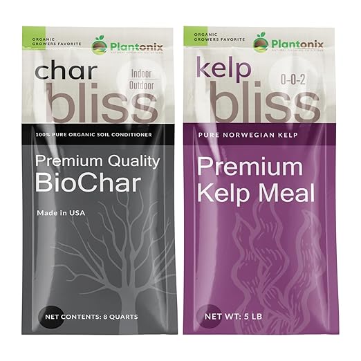 Char Bliss (8 Qts) + Kelp Bliss (5lbs) - Kelp Meal Organic Fertilizer &amp Organic Biochar for Plants - Biochar Soil Amendment - Charcoal for Plants - Organic Kelp Fertilizer for Plants - Kelp for Pl