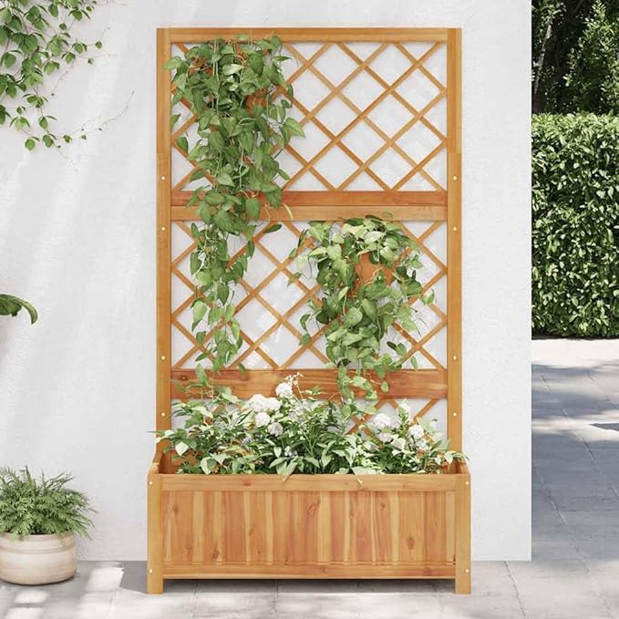 Raised Garden Bed Solid Acacia Wood Oiled Finish 33.5x15x59.1 Inch Planter with Trellis Outdoor Patio Deck Tall Raised Beds for Gardening