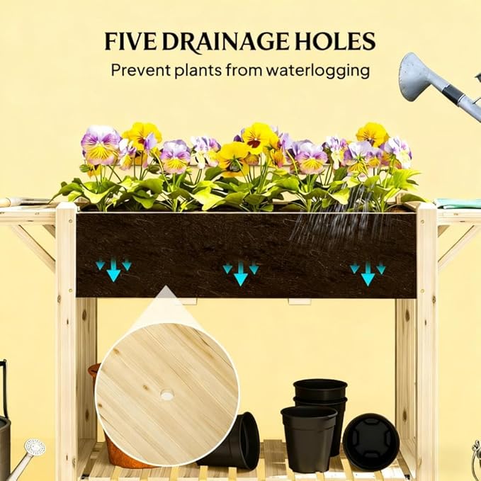 Optimal Elevated Garden BedWood Raised Planter Boxwith Lockable WheelsSide TablesBottom ShelfDrain Holes