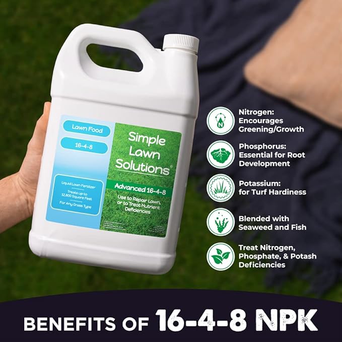 Advanced 16-4-8 Lawn Fertilizer - Liquid Lawn Food Spring &amp Summer Concentrated Spray - Any Grass Type- Fish and Seaweed Kelp- Balanced NPK - Simple Lawn Solutions (1 Gallon)