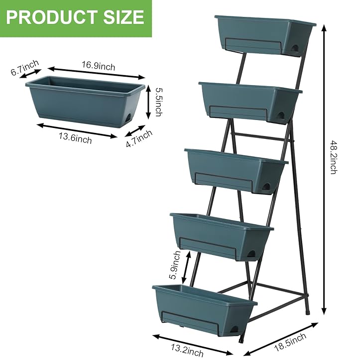 5 Tier Vertical Raised Garden Bed Planter Box Vertical Raised Bed with Drainage Holes for Indoor Outdoor Herbs Flowers Vegetables PlantsGreen