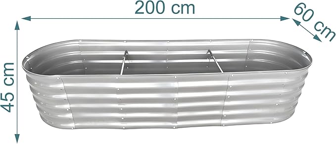 Relaxdays Raised Bed Galvanised Metal for Flowers Plants and Vegetables H x D x D: 45 x 200 x 60 cm Oval Plant Bed Light Grey