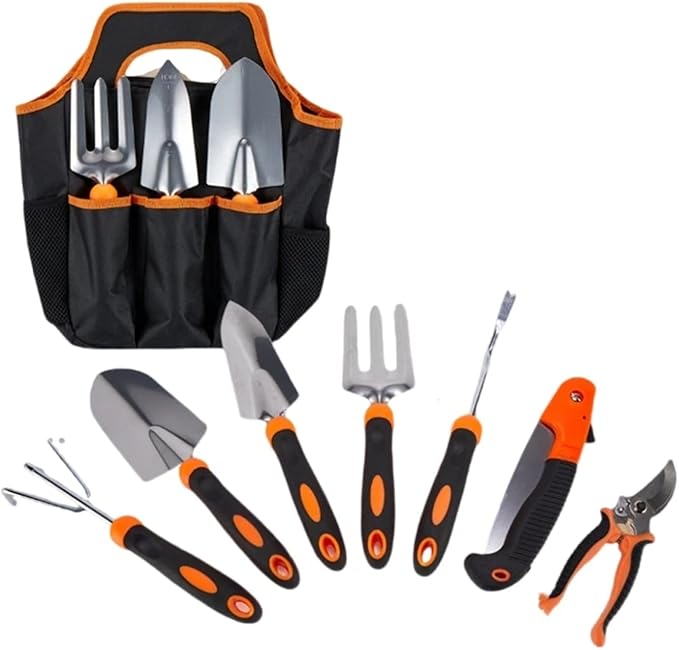 Stainless Steel Garden Tool Set with Shovel Rake Fork Root Extractor Scissors and Folding Saw