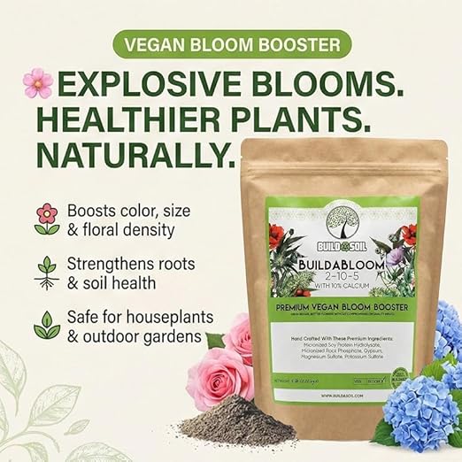 BuildASoil Vegan Bloom Booster &amp Flower Fertilizer - Plant Food for Organic Hydrangea Roses Hibiscus and Vegetables - Natural Soil Flower Food - Best Fertilizer for Vegetable Garden - 5 LB Bag