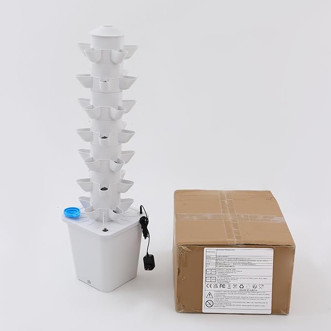 7 Tiers Hydroponic Growing Tower with Lights 35 Pods Vertical Planter w/Water Level Gauge &amp Planting Sponge Indoor Garden Hydroponics Growing System Kit for Vegetables Flowers Fruits-White