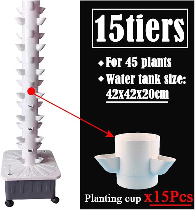 Hydroponic Equipment DIY Balcony Hydroponic Growing System Detachable PP Colonization Cups Home Garden Farm Greenhouse Vertical Tower Planters Indoor Garden(15-Layers-Big Base)