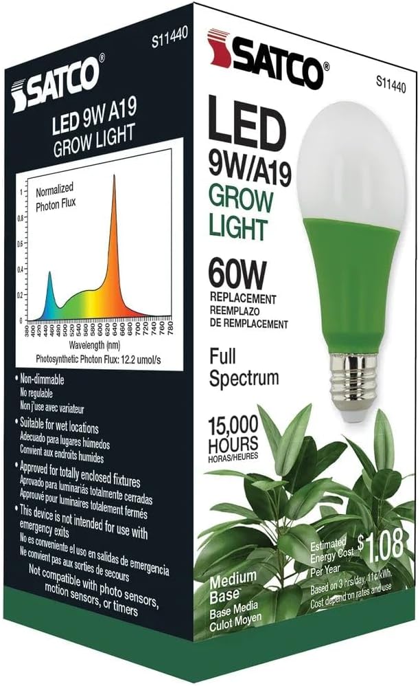 Satco S11440 9 Watts A19 LED Full Spectrum Plant Grow Lamp Medium Base 120 Volt Help Grow Ornament Plants and Succulents for Wet Rated Locations Green (12 LED Light Bulbs)