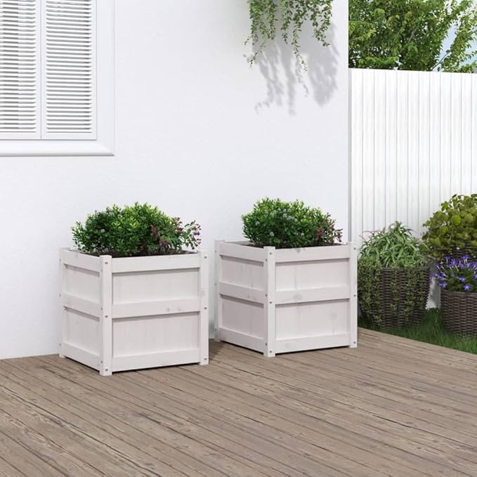 Garden Planter Set of 2 White Solid Pine Wood with Galvanized Steel Grid for Fencing and Landscape Retaining Walls - Welded Wire Mesh Basket