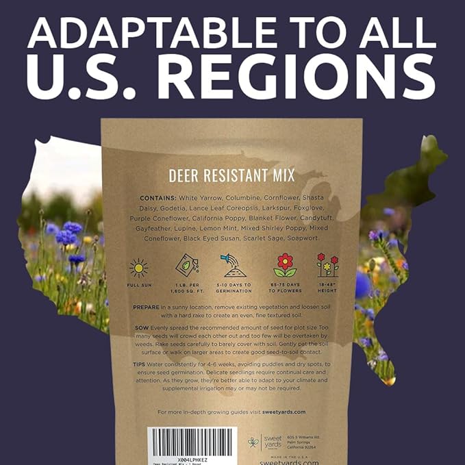 Deer Resistant Wildflower Seed Mixture - Bulk 1 Pound Bag - Over 240000 Deer Tolerant Seeds - Open Pollinated and Non GMO