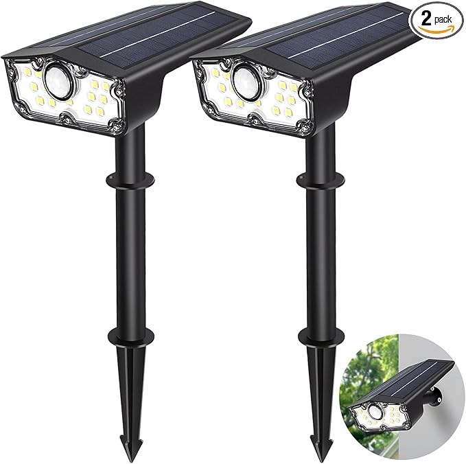 DAONEG Bright Solar Spot Lights Outdoor 2Pack Motion Sensor Modern Style Black Waterproof 250 Lumen LED Solar Powered Remote Control Driveway/Garden/Walkway