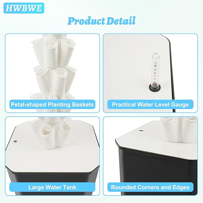 50 Pots Hydroponics Tower 8 Tiers Hydroponics Growing System Tower Vertical Tower Planter Pump Tower with Water Tank Irrigation Pump and Movable Water Tank for Hydroponic Gardening Lovers (White)