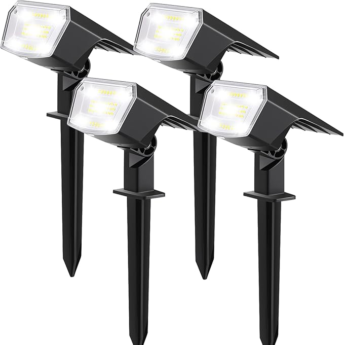 Solar Spot Lights Outdoor 4 Pack Waterproof Solar Powered Garden Lights 59 LED 4 Lighting Modes 6500K White Light 2-in-1 Auto On/Off Wall Light Outside Landscape Lighting for Yard Pathway