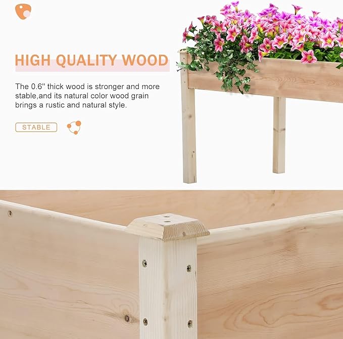 Fir Wooden Raised Garden Bed with Legs Elevated Planter Box Outdoor Growing Bed with Liner &amp Drain Holes for Vegetable Flower Herb 49Lx24Wx30H