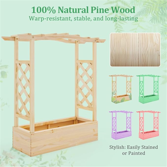 Pine Wood Garden Bed with Trellis Wooden Planter BoxArden Bed with Sided Trellis &amp Hanging Roof Wood Planter Box Freestanding Garden Planter Raised Bed for Flowers Herbs Climbing Vines