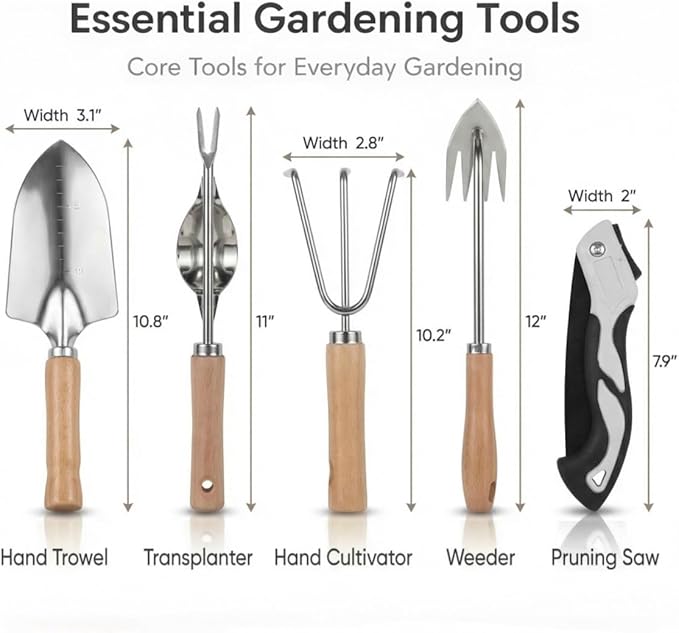 All-in-One Garden Tool Set with Basket 9-Piece Stainless Steel Garden Tools with Wooden Handles Gardening Gift Set