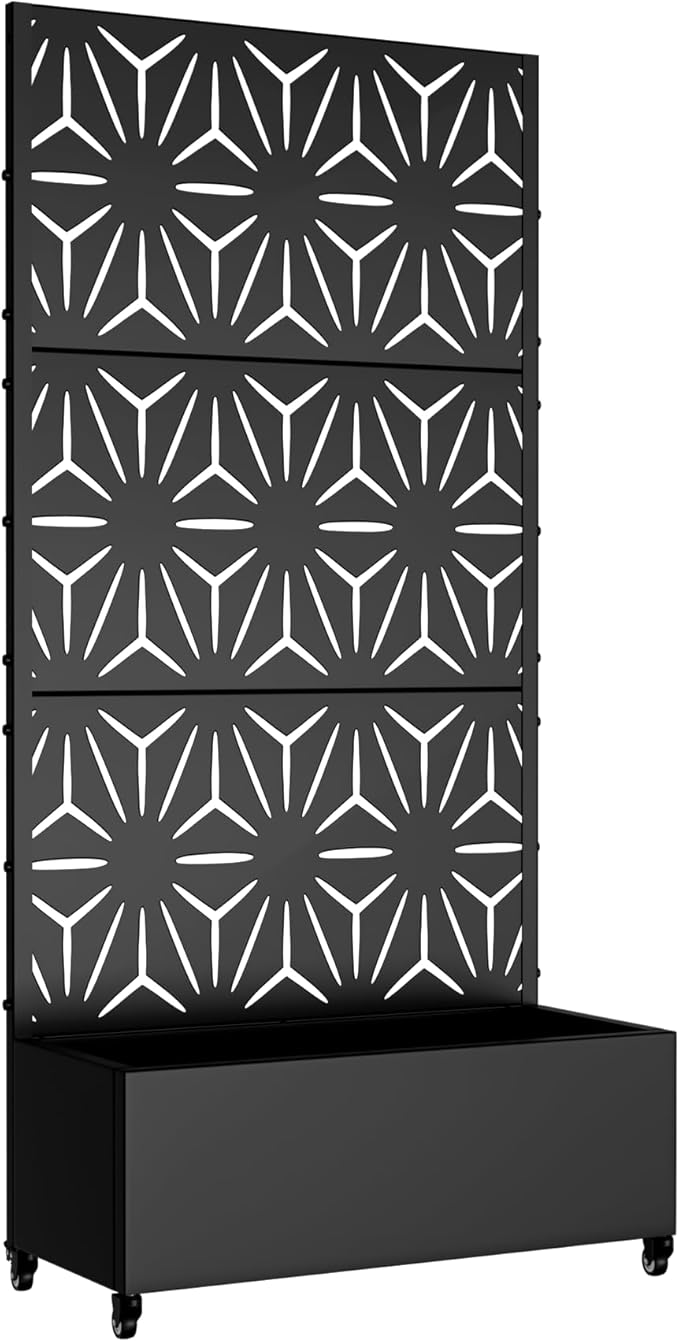 Casaphoria 72x35 Metal Raised Garden Bed with Trellis(2 Pack) Outdoor Planter Box with Wheels &amp Drainage Holes for Climbing Plants Flowers Elevated Garden Kit with Privacy Screen Black-Star