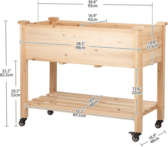 Raised Garden Bed with Lockable Wheels 40x24x32 inch Elevated Wood Planter with Storage Shelf Protective Liner for Vegetable Flower Herb Outdoor Balcony Patio Backyard Natural