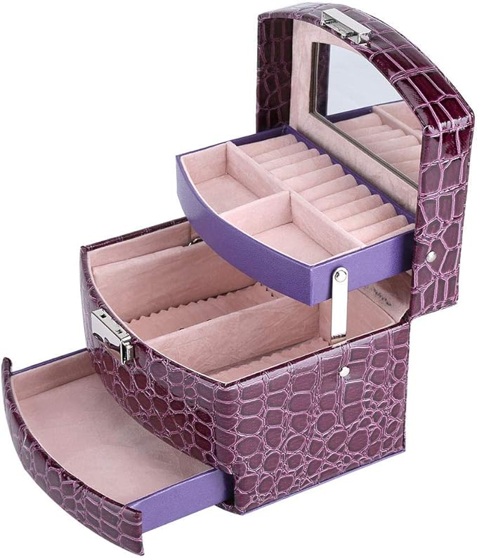 3 Layer Jewelry Storage Box Organizer for Rings Necklaces and More(4.72x5.12x5.91-Purple)
