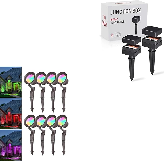 LEONLITE 10W RGB Low Voltage Landscape Lights Bundle 10-Way Junction Hub 8 Pack 12V LED Landscape Spotlights &amp 2 Pack Fit 9-21 Gauge Wire Landscape Wire Connectors