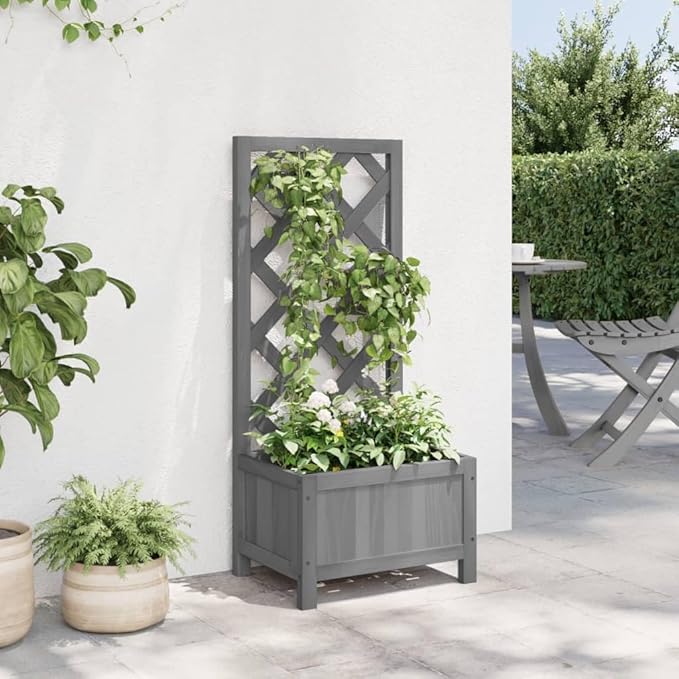 Planter with Trellis Garden Boxes Raised Garden Bed Trellis for Climbing Plants Outdoor Suitable for Backyard Patios Flowers Restaurants Gray Solid Wood Fir