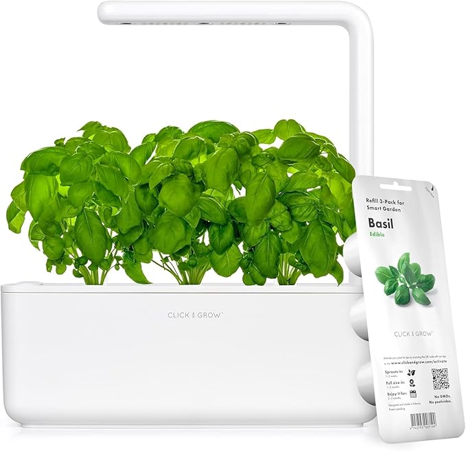 Click &amp Grow Indoor Herb Garden Kit with Grow Light | Smart Garden for Home Kitchen Windowsill | Easier Than Hydroponics Growing System | Vegetable Gardening Starter (3 Basil Pods Included) White