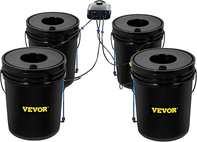 VEVOR DWC Hydroponic System 5 Gallon 4 Buckets Deep Water Culture Growing Bucket Hydroponics Grow Kit with Pump Air Stone and Water Level Device for Indoor/Outdoor Leafy Vegetables