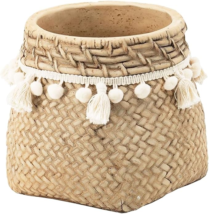 Set of 2 6.5x6.5x6 Brown Cement Planter with Woven Tassel Accent