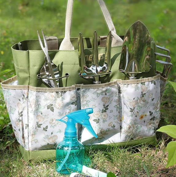 9-Piece Heavy Duty Garden Tools Set with Tote Bag Stainless Steel Gardening Kit with Ergonomic Handles Rust-Proof Outdoor Gift Set for Women Gardening Gifts