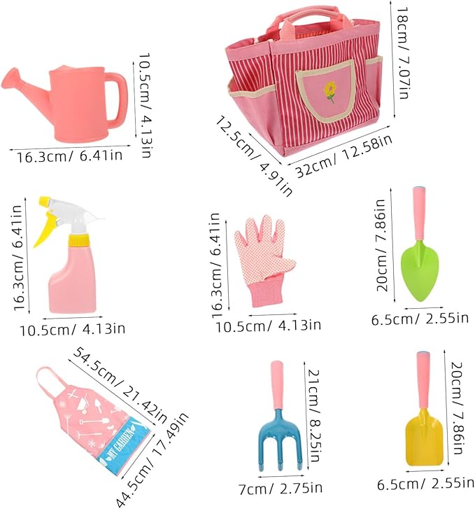 1set Boy Girl Gardening Tool Set Boy Girl Garden Kit Shovel Rake Gloves Apron Watering Can and Carry Bag Lightweight Tools for Boys and Girls