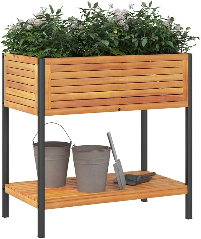 Wooden Garden Planter Box with Storage Shelf and Slatted Design Wood Flower Boxes Wooden Raised Garden Bed 31.5x17.7x31.5 Solid Wood Acacia and Steel-354