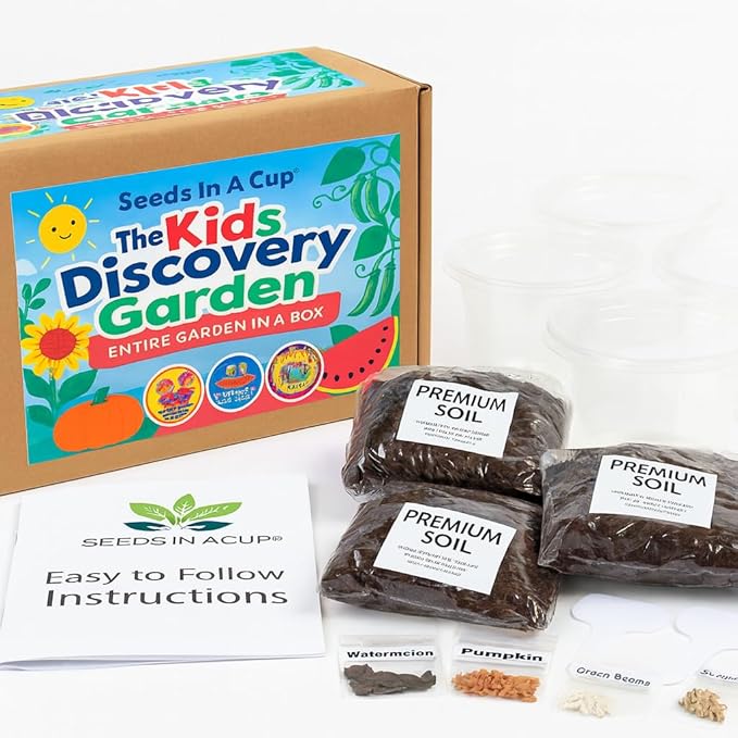Kids Discovery Garden Kit Complete Indoor/Outdoor Growing Set Premium Soil 4 Seed VarietiesEducational for Ages 8+ Made in USA Great Gift for Holiday Gift Idea