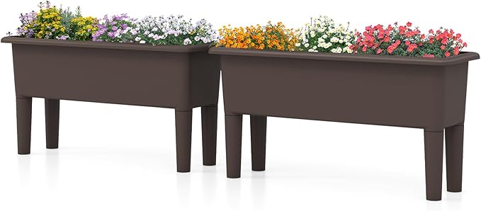 Giantex Raised Garden Beds Outdoor Set of 2 Self-Watering Planter Box with Detachable Legs &amp Drainage Hole Outdoor Raised Container for Vegetable Fruit Herbs 31.5”Lx12”Wx16”H Easy Assembly (Br