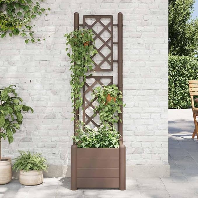 Large Garden Planter with Trellis Mocha Polypropylene Square Raised Bed for Outdoor Plants 16.9x16.9x55.9 Inch Durable Matte Finish