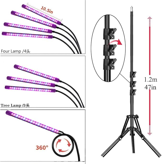 Grow Lights for Indoor Plants Full Spectrum Four Head Clip-on Plant Lamp with Full Spectrum &amp Red Blue Spectrum 3/9/12H Timer 1.2m Stand Suitable for Indoor Plants Growth
