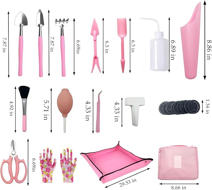 16Pcs Mini Garden Tools Set for Succulent Plant Care Indoor Garden Hand Tools for Women Beginners Included Bag/Repotting Mat/Shovel/Labels Pink