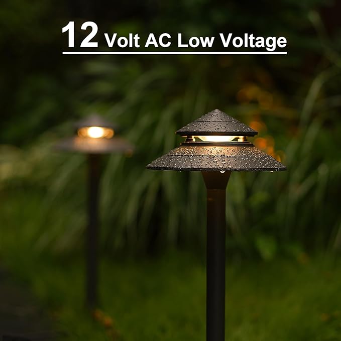 GOODSMANN Landscape Lighting 2PK Landscape Floodlights Spotlights 3W LED 200 Lumen with 2PK 3W LED 180 Lumen Hardwired 2 Tier Pagoda Path Lights 3000K Warm White