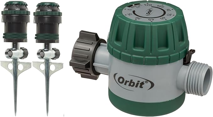 Generic Mechanical Water Timer with 2‑Pack H2O‑6 Gear‑Drive Sprinklers – Timed Watering up to 120 Minutes &amp Adjustable Spray Patterns