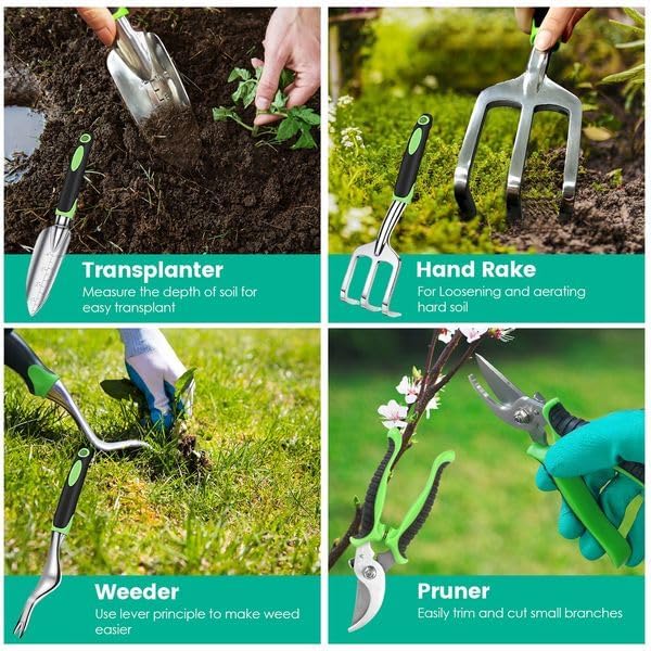 13Pcs Garden Tool Set Aluminum Alloy Gardening Hand Tools Starter Kit with Garden Bag Heavy Duty Outdoor Hand Tools with Non-Slip Ergonomic Handle for Plant Gardening