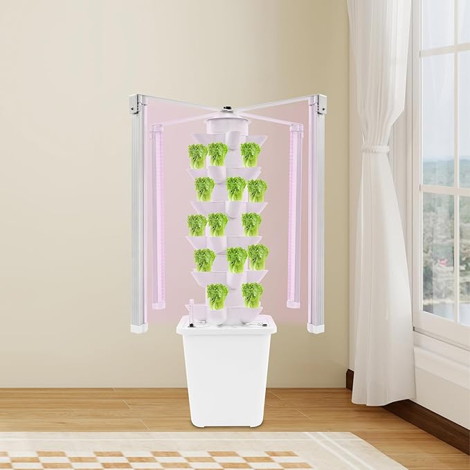 Hydroponic Tower Garden 30-Pod Indoor Gardening System w/ 4 Full-Spectrum LED Grow Lights 10L Auto Irrigation Water Tank Vertical Planter for Herbs Lettuce &amp Strawberries (White)
