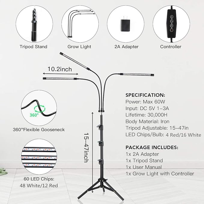 GHodec Grow Light with Stand 60 LED 5500K Full Spectrum Floor Plant Light for Indoor Plants Growing5 Dimmable Levels &amp Auto On/Off TimerTripod Stand Plant Lamp Height Adjustable