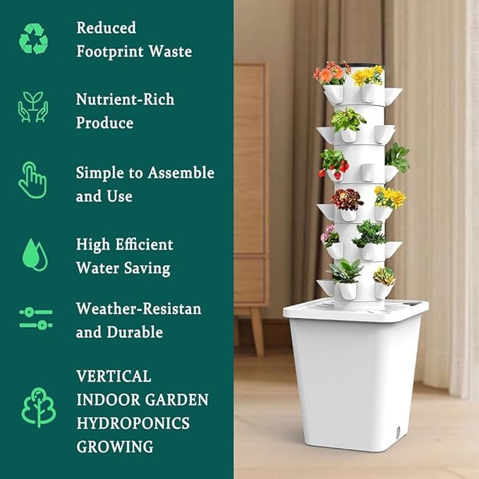 Tower Garden Hydroponics Growing System 10-30-Plant Sites Vertical Garden Planter Indoor Smart Garden Kit with Pump and Movable Water Tank (No Seedlings Included) (Color : Gris Size : 15 Holes)
