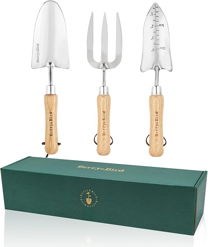 Berry&ampBird Garden Tool Set- 3PCS Stainless Steel Gardening Tool Sets with Wooden Handle Trowel Weeding Fork &amp Digging Shovel Hand Tool Kit for Planting Ideal Gardening Gift for Women &amp Me